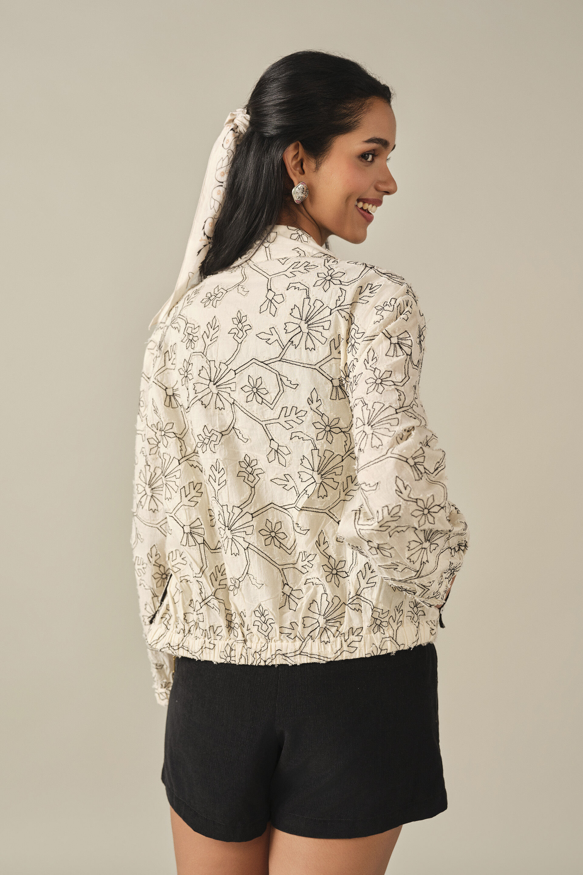Embroidered Cotton Bomber Jacket in White, Off White, image 6